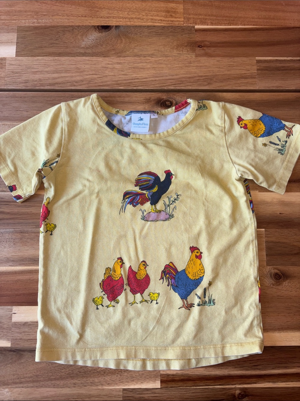 Oompha & Floss Yellow Tee with Colorful Rooster & Hen Print